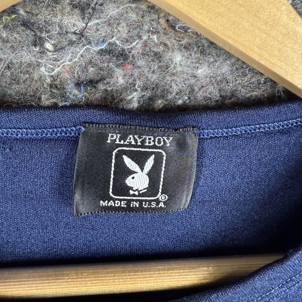 Playboy T-Shirt Womens Navy‎ Blue Vintage Made in USA Cap Sleeve - Picture 3 of 10